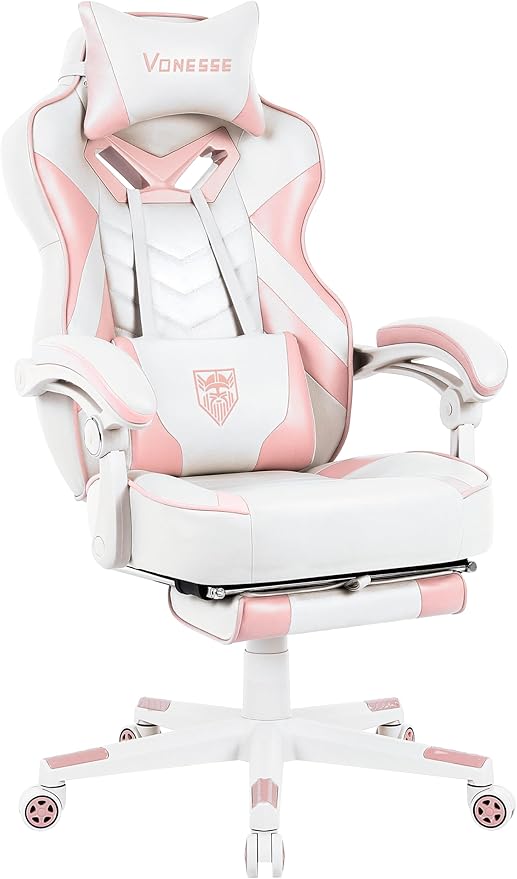 Pink Gaming Chair for Adults,Girls Computer Chair with High Back,Big and Tall Gaming Chairs with Footrest and Massage,Reclining Gamer Chair(White/Pink)