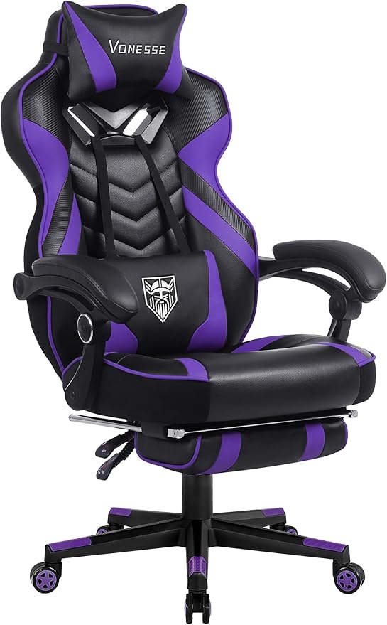 Vonesse Gaming Chair for Adults,Computer Chair with High Back,Big and Tall Gaming Chairs with Footrest and Massage,Reclining Gamer Chair(Purple/Black)
